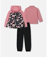 Deux par Baby Girls 3-In-1 Mid-Season Outerwear Set With Printed Jacket Pink, Black, And Flowers