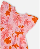 Deux par Baby Girls Printed Muslin Dress Pink And Coral Flowers