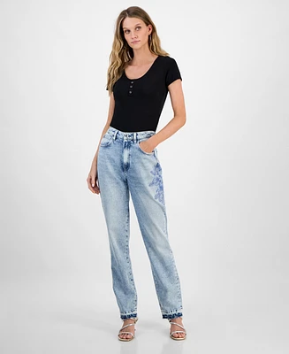 Guess Women's Flower-Trim High Rise Tapered-Leg Mom Jeans