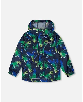 Deux par Boys Printed Packable Windbreaker Blue And Green Dino On Navy