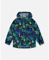 Deux par Boys Printed Packable Windbreaker Blue And Green Dino On Navy