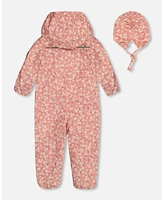 Deux par Baby Girls Printed Mid-Season One-Piece Outerwear With Hat Small White Flowers On Pale Pink