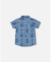 Deux par Toddler Boys Printed Chambray Short Sleeve Shirt Pale Blue And Navy - Toddler|Child