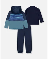 Deux par Big Boys 3-In-1 Mid-Season Outerwear Set With Colorblock Jacket Neutral Blue And Navy