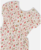 Deux par Toddler Girls Printed Seersucker Jumpsuit With Cut Outs Pink Flowers On Cream Background - Toddler|Child