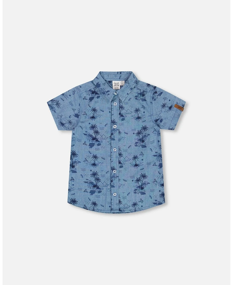 Deux par Big Boys Printed Chambray Short Sleeve Shirt Pale Blue And Navy