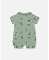 Deux par Baby Boys Printed Muslin Romper Sage Monkey