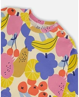 Deux par Big Girls Printed French Terry Sweatshirt Fruits On Yellow Background