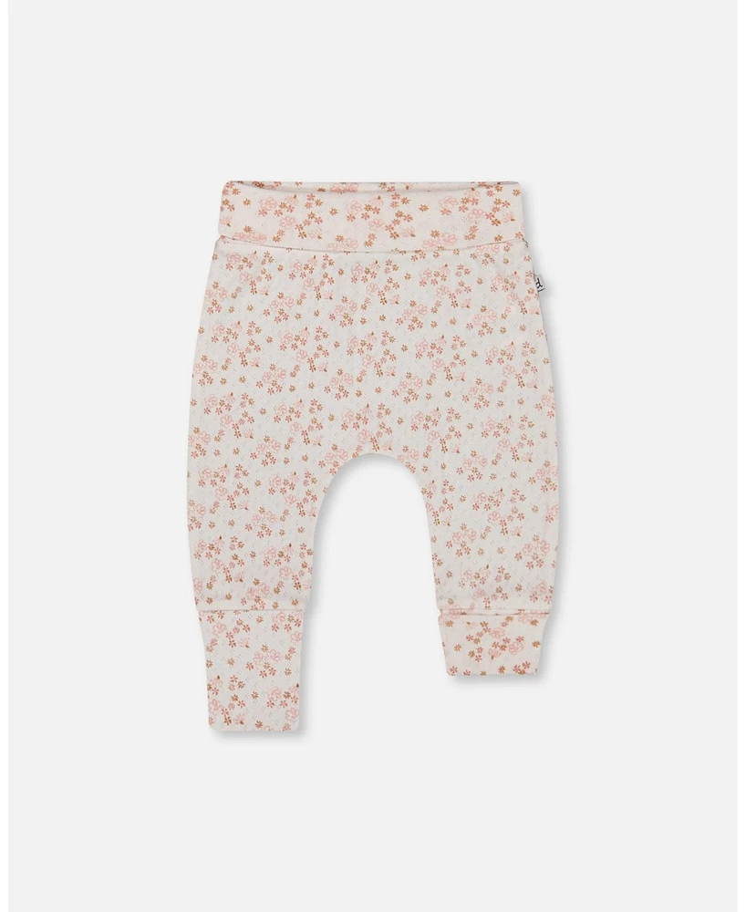 Deux par Baby Girls Cotton Pointelle Evolutive Pant Printed Pink And White Flowers