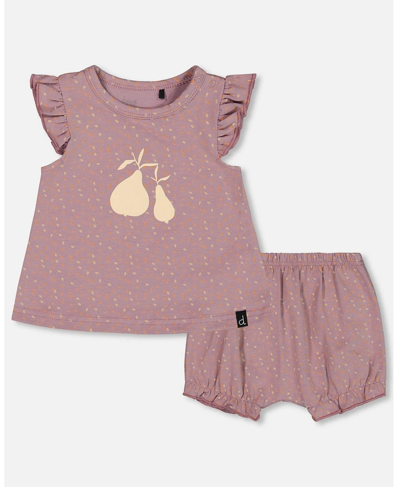 Deux par Baby Girls Printed Organic Cotton Top And Bloomer Set Purple With Pear Seeds