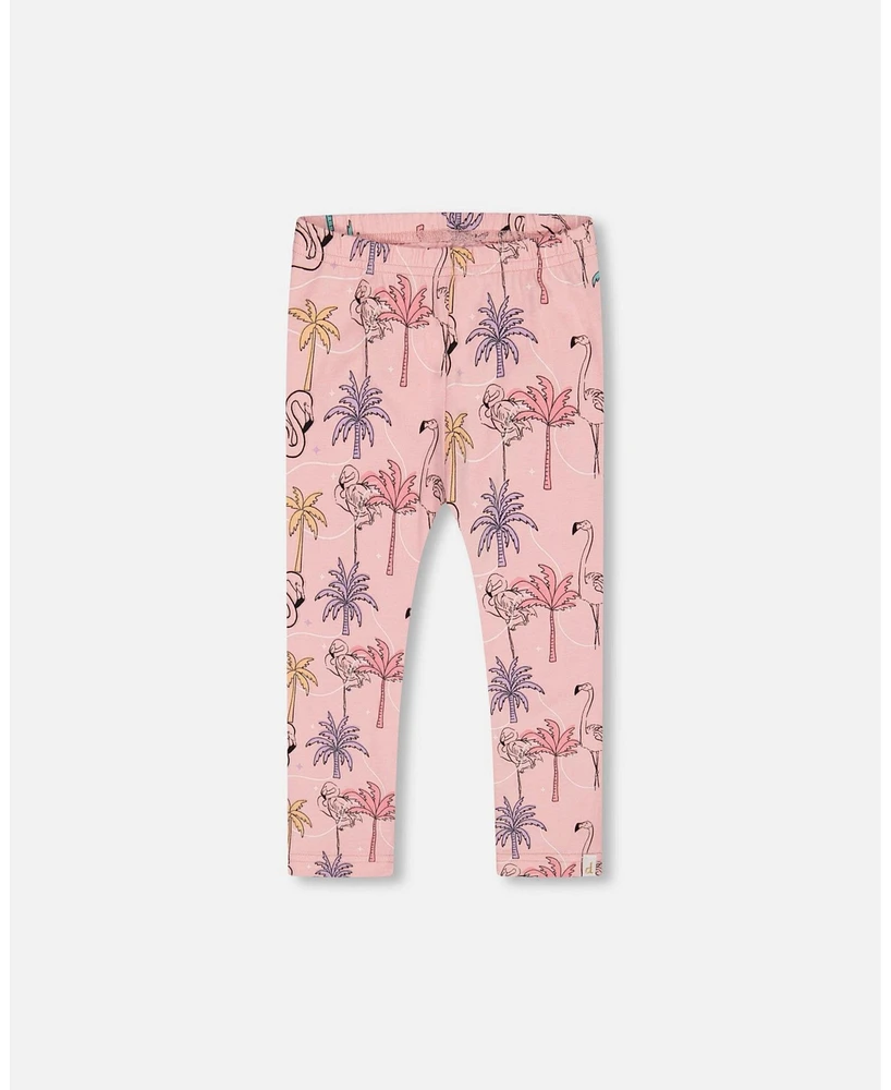 Deux par Toddler Girls Printed Organic Cotton Capri Legging Palm Trees, Pink Flamingo, And Turquoise - Toddler|Child