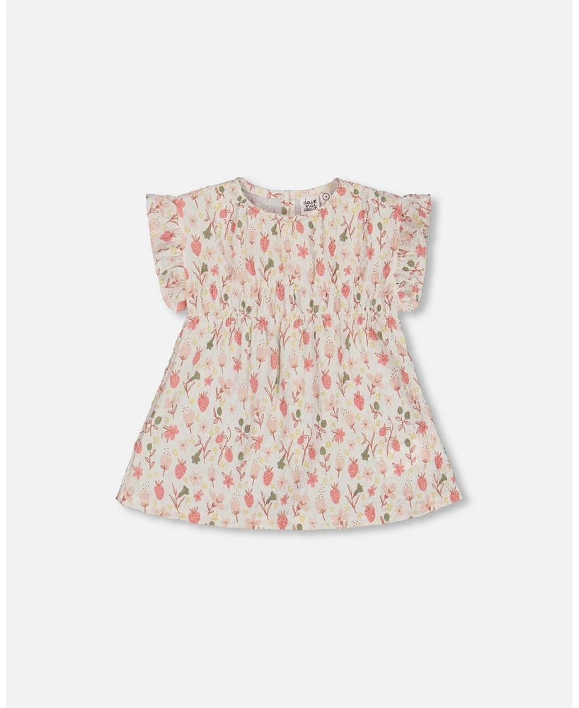 Deux par Big Girls Printed Seersucker Blouse With Frills Pink Flowers On Cream Background