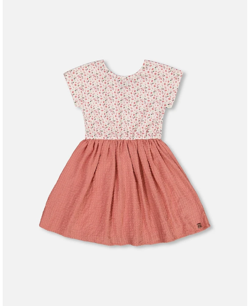 Deux par Big Girls Bi-Material Dress With Printed Top Small Flowers And Pink