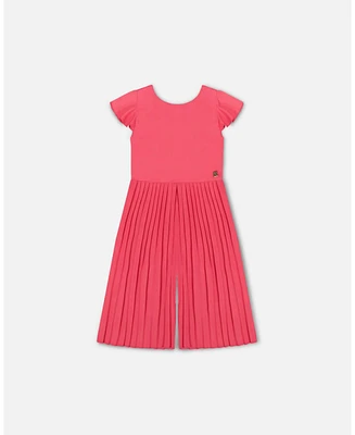 Deux par Big Girls Bi-Material Pleated Wide Leg Jumpsuit Candy Pink