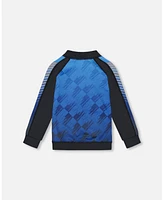 Deux par Boy Printed Full Zip Athletic Cardigan Blue And Black - Toddler|Child