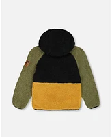 Deux par Big Boys Sherpa Mid-Season Colorblock Jacket Black, Tan, And Olive Green