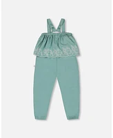 Deux par Big Girls Chambray Jumpsuit With Embroidery Light Blue