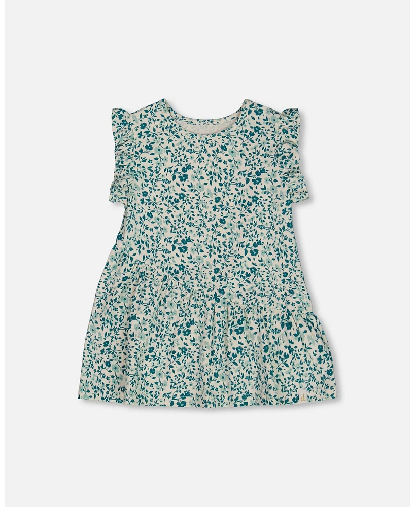 Deux par Baby Girls Printed Organic Cotton Tunic Top Small Turquoise Flowers