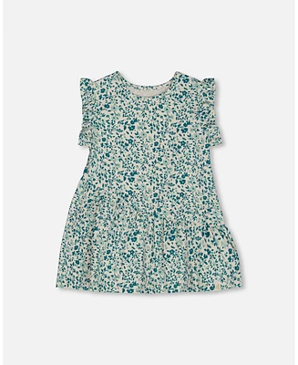 Deux par Baby Girls Printed Organic Cotton Tunic Top Small Turquoise Flowers