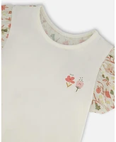 Deux par Toddler Girls Bi-Material Organic Cotton Top With Puff Sleeve Pink Flowers On Cream Background - Toddler|Child