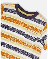 Deux par Baby Boys Printed Cotton Tee Navy Striped, Orange, And Lime Green