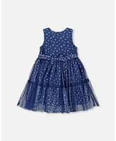 Deux par Baby Girls Printed Tiered Dress Blue With Daisy Print