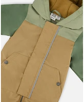 Deux par Baby Boys Colorblock Mid-Season One-Piece Outerwear With Hat Pale Green, Sage, And Tan