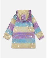 Deux par Toddler Girls Printed Rain Coat With Hat Mauve Blue And Yellow Glitter Gradient - Toddler|Child