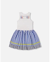 Deux par Big Girls Bi-Material Cotton And Seersucker Dress White Royal Blue