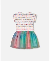 Deux par Big Girls Bi-Material Dress With Mesh Skirt Multicolored Tie Dye And White