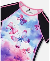 Deux par Girl Printed Short Sleeve Athletic Top Pink, Black And Butterfly - Toddler|Child