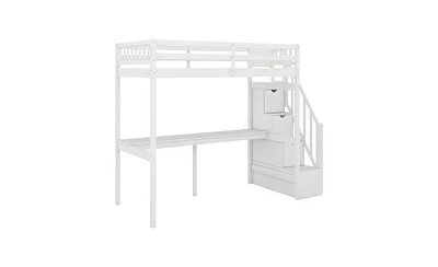 Loft Bed with Storage Staircase and Built-in Desk for Space-Saving Bedroom Organization