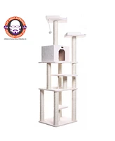 Armarkat B7801 Classic Real Wood Cat Tree In Ivory, Jackson Galaxy Approved, Six Levels With Playhouse and Rope SwIng