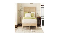 Solid Rubber Wood Bed with Rattan Headboard and Sturdy Support Feet