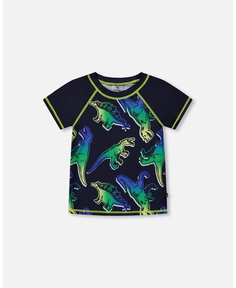 Deux par Baby Boys Short Sleeve Rashguard Blue And Green Dino On Navy