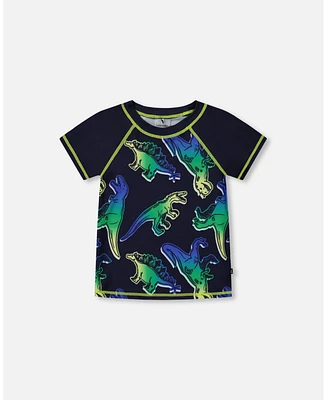 Deux par Baby Boys Short Sleeve Rashguard Blue And Green Dino On Navy