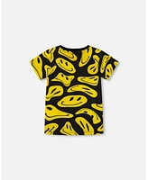 Deux par Toddler Boys Printed Organic Cotton Tee Black And Yellow Smile - Toddler|Child