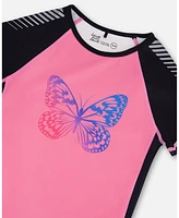 Deux par Girl Printed Short Sleeve Athletic Top Pink With Butterflies - Toddler|Child