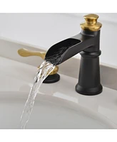 8 in. Waterfall Widespread 2-Handle 3 Holes Bathroom Faucet With Metal Drain in Spot Resist Black Gold