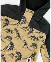 Deux par Big Boys Printed Mid-Season One-Piece Outerwear Black Dinosaur On Beige Background