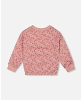 Deux par Big Girls Printed French Terry Sweatshirt Old Pink And Flowers