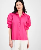 T Tahari Women's Button-Front Short-Blouson-Sleeve Shirt