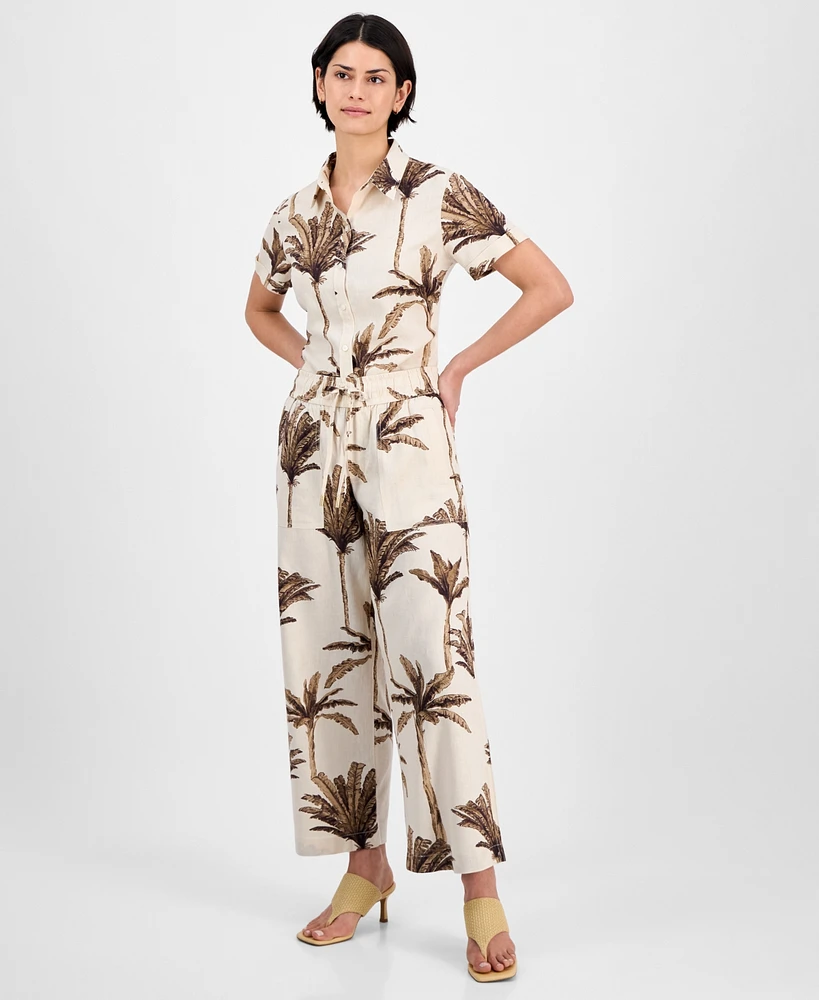 Nautica Jeans Women's Palm-Print Linen-Blend Wide-Leg Pants