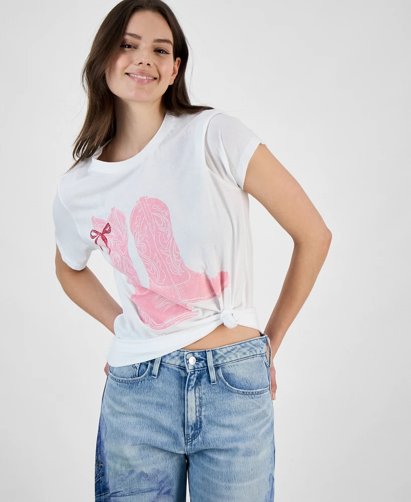 Grayson Threads, The Label Juniors' Cowboy Boots Bow Graphic Print T-Shirt