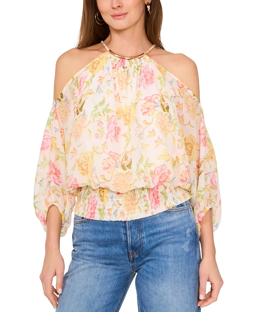 Sam & Jess Petite Cold-Shoulder Smocked-Hem Blouse