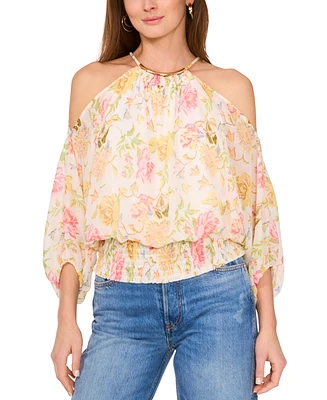 Sam & Jess Petite Cold-Shoulder Smocked-Hem Blouse