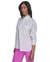 Halston Women's Cotton Collared Ruched-Sleeve Blouse