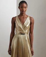 Lauren Ralph Women's Belted Metallic Chiffon Surplice Gown