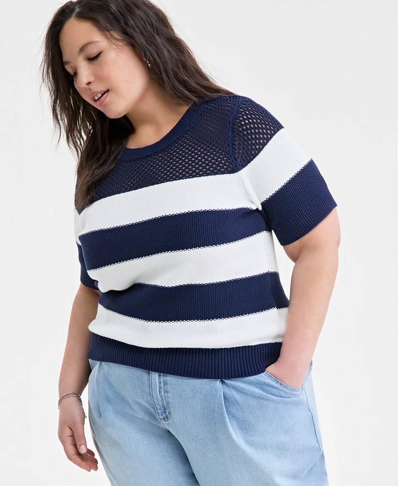 On 34th Trendy Plus Open-Knit Striped Short-Sleeve Sweater, Exclusively at Macy's