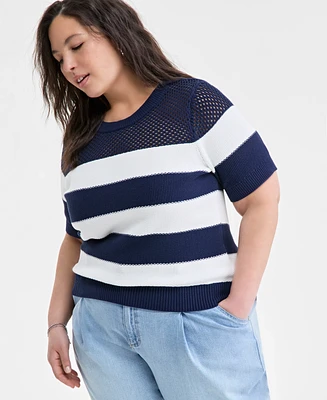 On 34th Trendy Plus Open-Knit Striped Short-Sleeve Sweater, Exclusively at Macy's